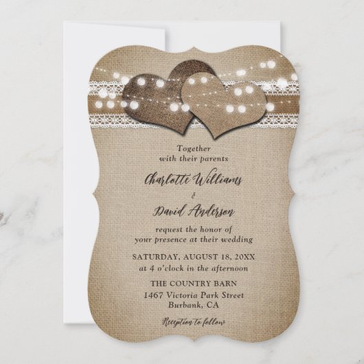 Rustisch landburlap trouwerij kaart (Voorkant)