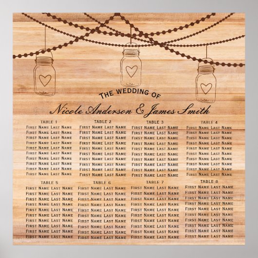 Rustisch landhout en Mason Jars Wedding Seating Poster (Voorkant)