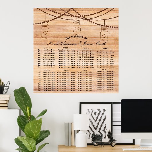 Rustisch landhout en Mason Jars Wedding Seating Poster (Thuiskantoor)