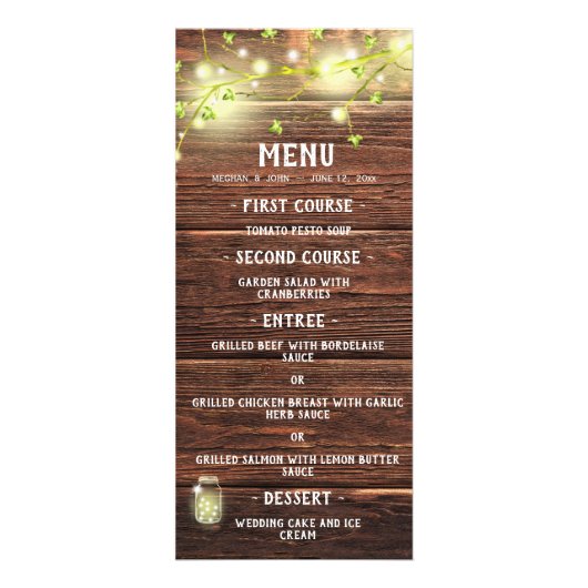 Rustisch landhouten Mason Jar Lights Wedding Menu (Voorkant)
