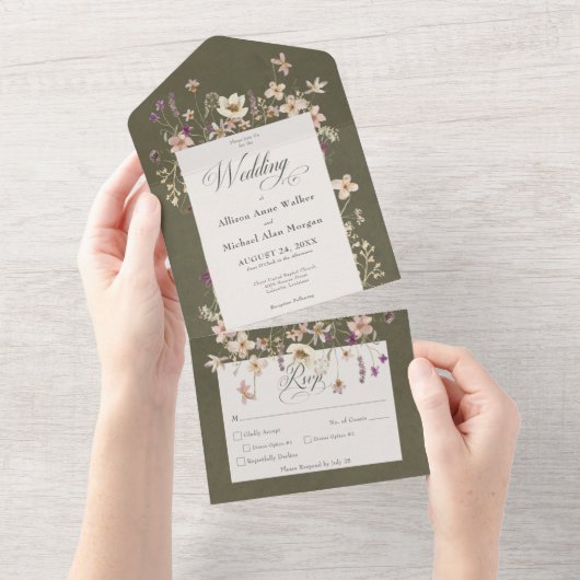 Rustisch Lijst met groene wilde bloem All In One Uitnodiging (Afscheurbaar)