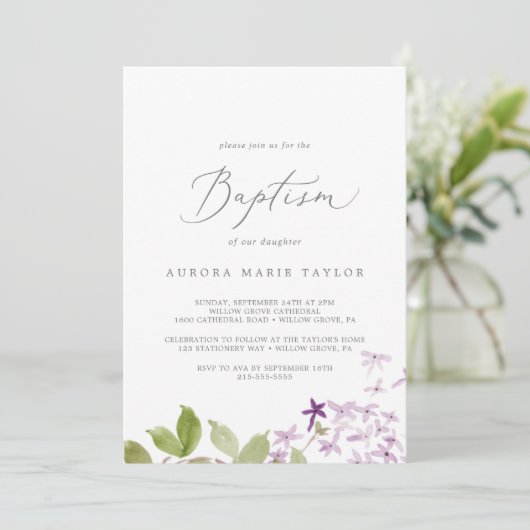Rustisch Lila Baptisme Kaart (Staand voorkant)