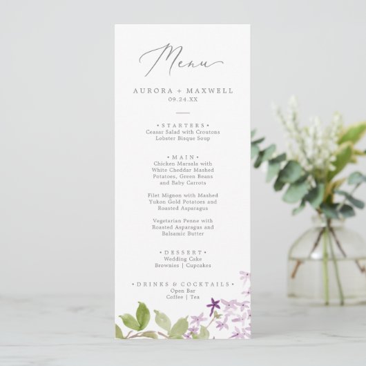 Rustisch menu Lila bruiloft (Staand voorkant)