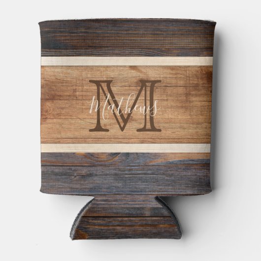 Rustisch monogram met houttoon blikjeskoeler (Voorkant)