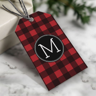 Rustisch monogram rood en zwart buffel patroonmono cadeaulabel