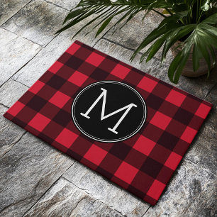Rustisch monogram rood en zwart buffel patroonmono deurmat
