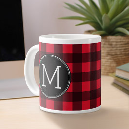 Rustisch monogram rood en zwart buffel patroonmono extra grote beker