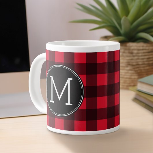 Rustisch monogram rood en zwart buffel patroonmono extra grote beker