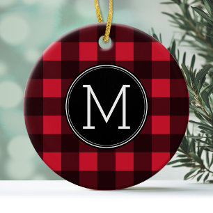 Rustisch monogram rood en zwart buffel patroonmono keramisch ornament