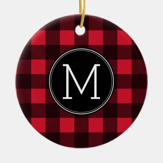 Rustisch monogram rood en zwart buffel patroonmono keramisch ornament (Voorkant)