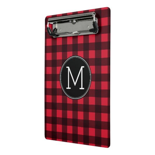 Rustisch monogram rood en zwart buffel patroonmono mini klembord (Angled2)
