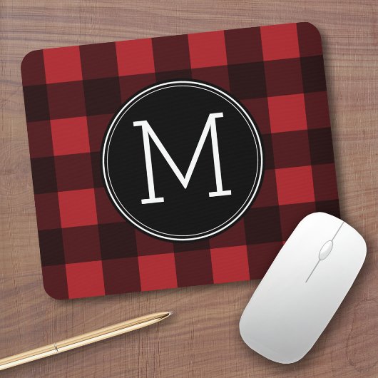 Rustisch monogram rood en zwart buffel patroonmono muismat