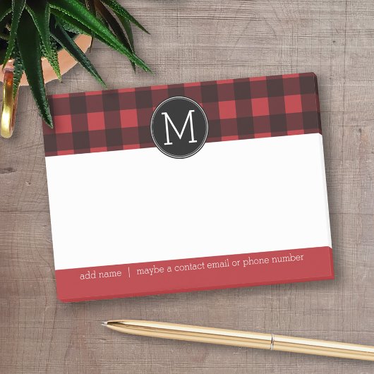 Rustisch monogram rood en zwart buffel patroonmono post-it® notes