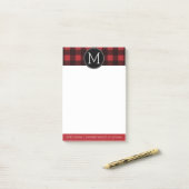 Rustisch monogram rood en zwart buffel patroonmono post-it® notes (Op bureau)