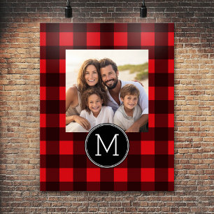 Rustisch monogram rood en zwart buffel patroonmono poster