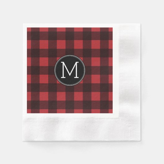 Rustisch monogram rood en zwart buffel patroonmono servetten (Voorkant)