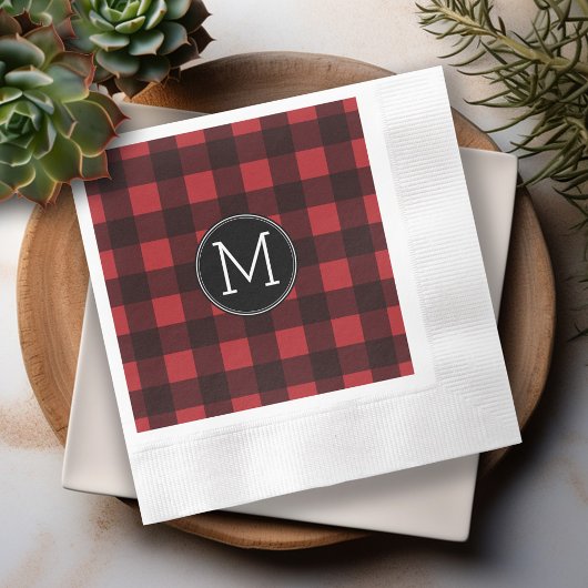Rustisch monogram rood en zwart buffel patroonmono servetten
