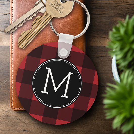 Rustisch monogram rood en zwart buffel patroonmono sleutelhanger