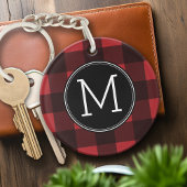 Rustisch monogram rood en zwart buffel patroonmono sleutelhanger
