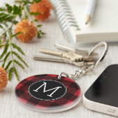 Rustisch monogram rood en zwart buffel patroonmono sleutelhanger (Voorkant Rechts)