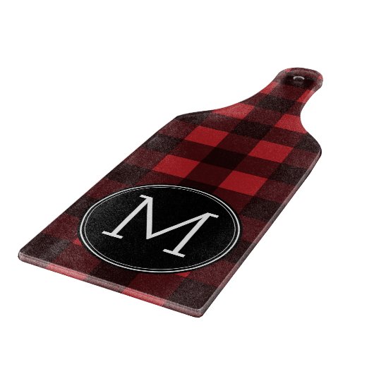 Rustisch monogram rood en zwart buffel patroonmono snijplank (Hoek)