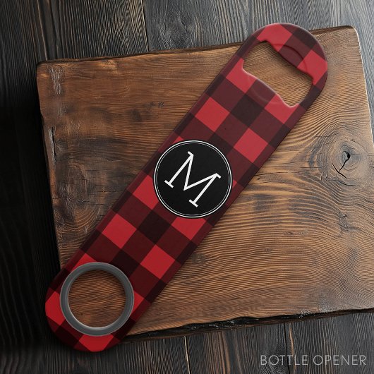 Rustisch monogram rood en zwart buffel patroonmono speed flessenopener