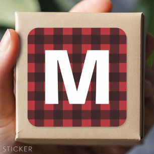 Rustisch monogram rood en zwart buffel patroonmono vierkante sticker