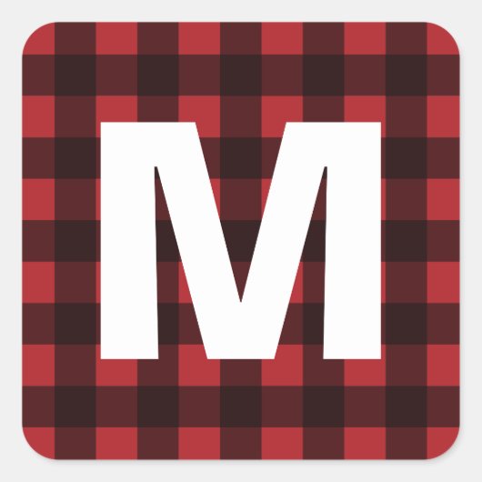 Rustisch monogram rood en zwart buffel patroonmono vierkante sticker (Voorkant)