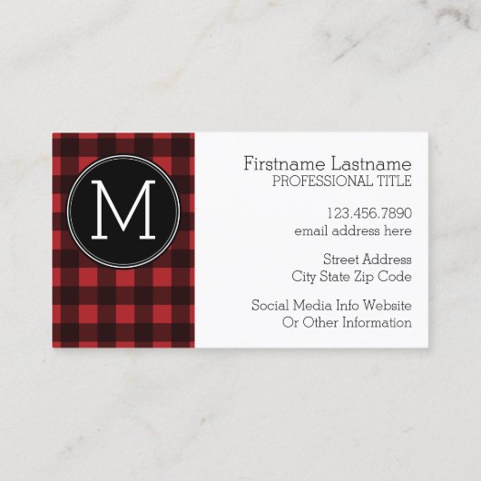 Rustisch monogram rood en zwart buffel patroonmono visitekaartje (Achterkant)