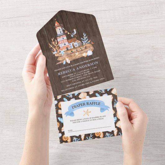 Rustisch Nautical Lighthouse Baby shower All In One Uitnodiging (Afscheurbaar)