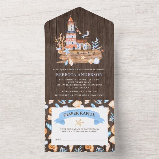 Rustisch Nautical Lighthouse Baby shower All In One Uitnodiging (Binnen)