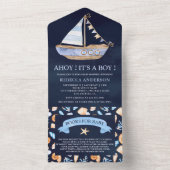 Rustisch Nautical Sailboot Navy Blue Baby shower All In One Uitnodiging (Binnen)