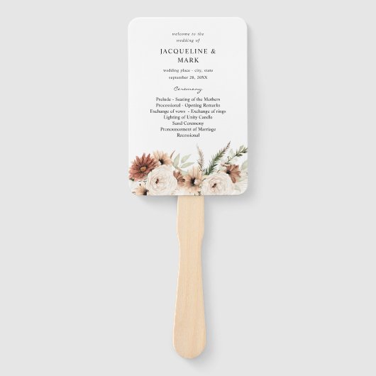 Rustisch neutraal Boho Floral Wedding Programme Handwaaier (Voorkant)
