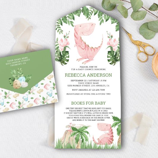 Rustisch Oerwoud Floral Pink Dinosaur Baby shower All In One Uitnodiging