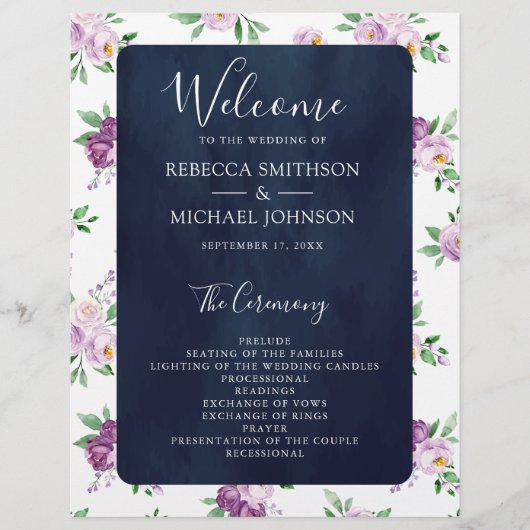 Rustisch Paars-Floral Navy Blue Wedding Programme (Voorkant)