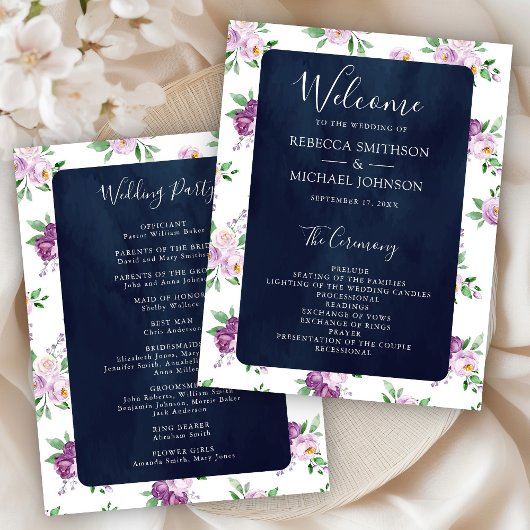 Rustisch Paars-Floral Navy Blue Wedding Programme