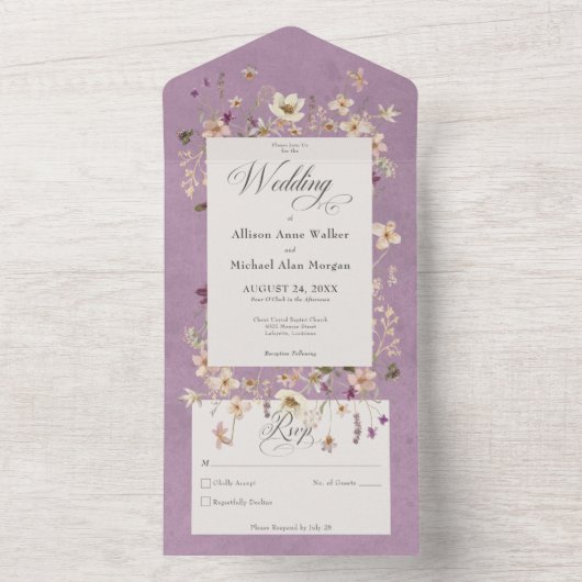 Rustisch Paars Lijst van wilde bloem geen diner All In One Uitnodiging (Binnen)