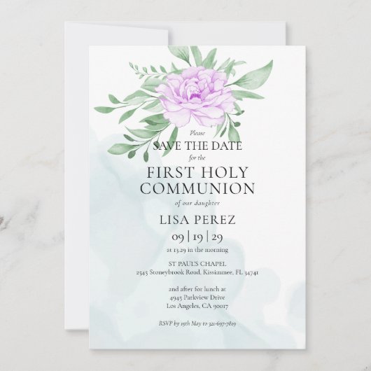 Rustisch Paars Roos Eucalyptus Eerste Heilige Comm Save The Date (Voorkant)
