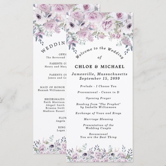 Rustisch Paars Roos Floral Wedding Programma (Voorkant / Achterkant)