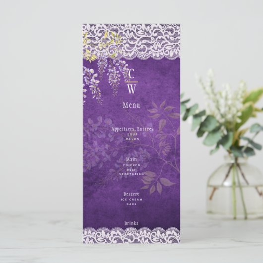 Rustisch Paars WISTERIA-Lace Wedding Menu (Staand voorkant)
