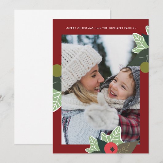 Rustisch rood botanisch Lijst met kerstmis Feestdagenkaart (Voorkant / Achterkant)