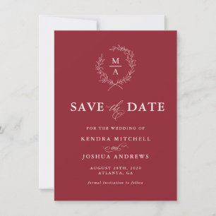 Rustisch rood eenvoudig legant monogram sparen de save the date