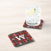 Rustisch Rood Zwart Pset Tartan Snowflake Monogram Bier Onderzetter (Rechterzijde)