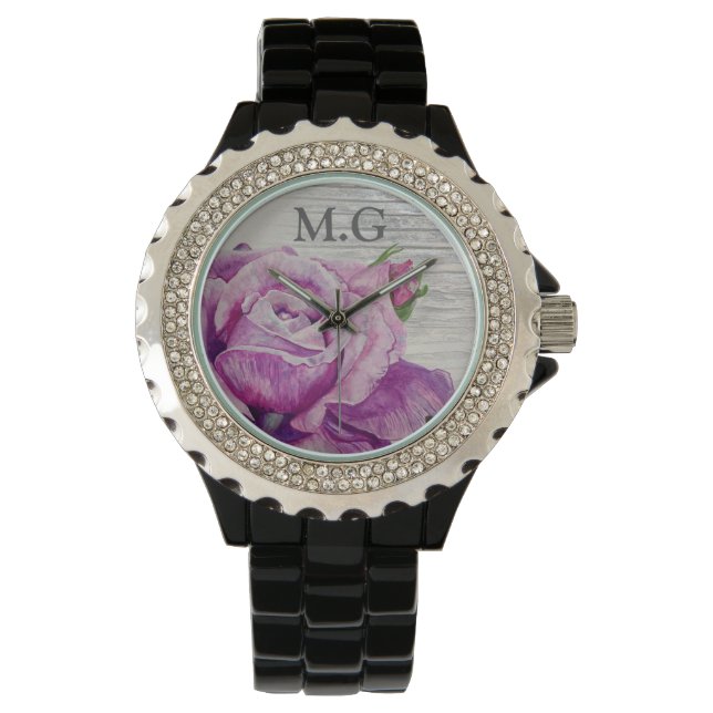  Rustisch Roos Art Monogram Horloge (Voorkant)