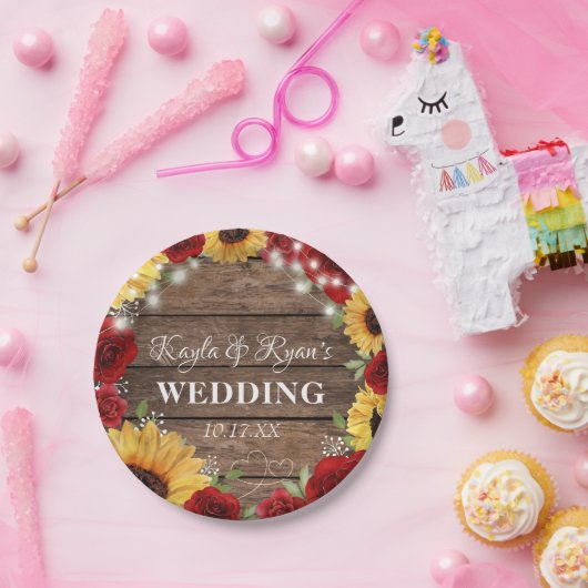 Rustisch Roos met zonnebloem Hout Rood Weddenschap Papieren Bordje (Feest)