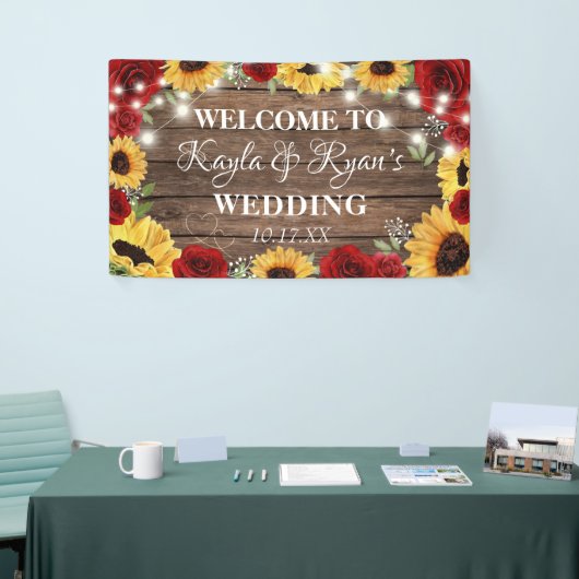 Rustisch Roos met zonnebloem Hout Rood Weddenschap Spandoek (Beurs)