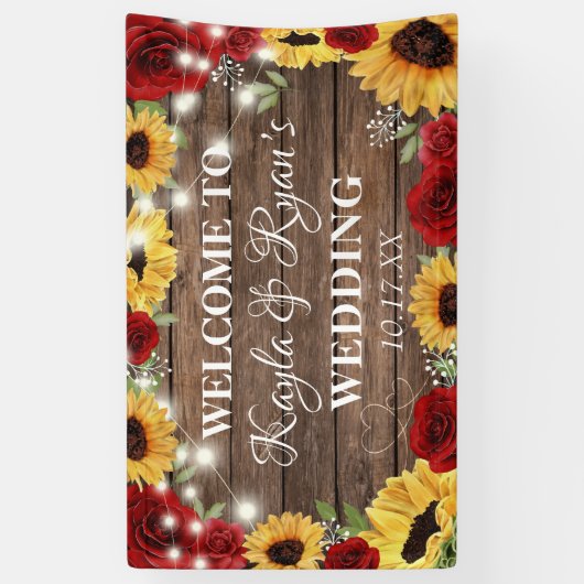 Rustisch Roos met zonnebloem Hout Rood Weddenschap Spandoek (Verticaal)