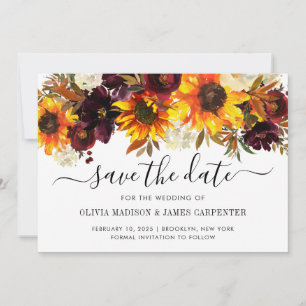Rustisch Roos van zonnebloemen Burgundy Floral Fal Save The Date
