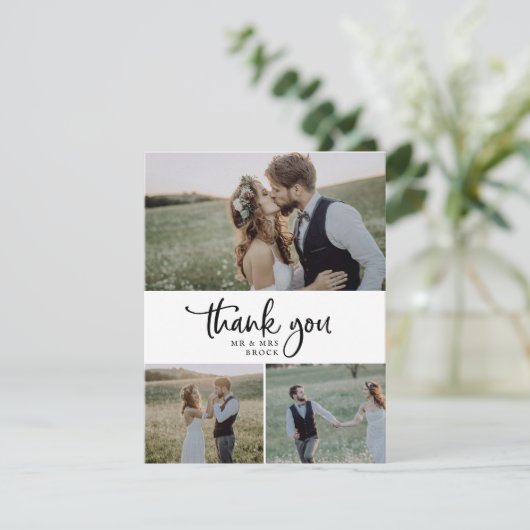 Rustisch script 3 Photo Collage Wedding Bedankkaart (Staand voorkant)