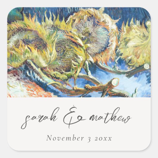 Rustisch script Blue Yellow Sunflower Wedding Vierkante Sticker (Voorkant)